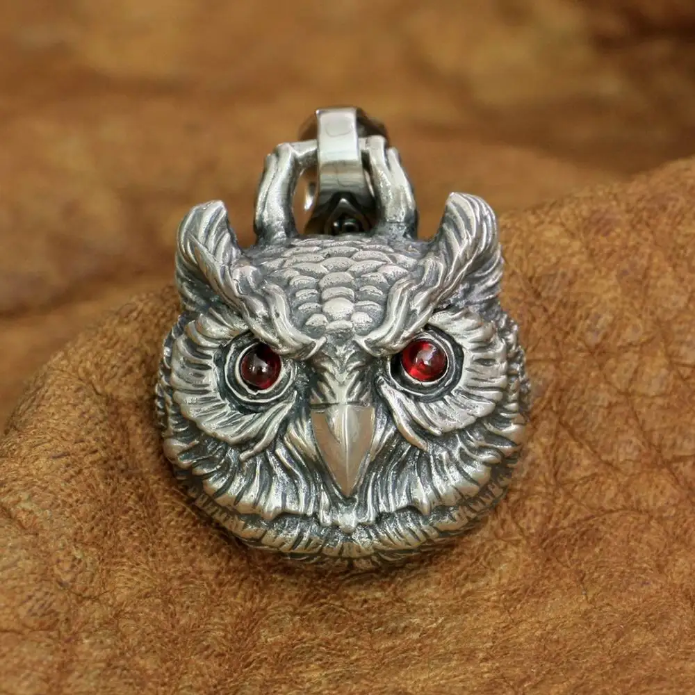 LINSION Red CZ Eyes Owl 925 Sterling Silver Pendant Charms Biker Rock Punk Jewellery TA277