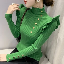 Ruffled Sweater Jumpers Girls Stretchy Chic Ruffles Autumn Winter Sweaters Pullovers Women's Buttons Long Sleeve Knitted Tops