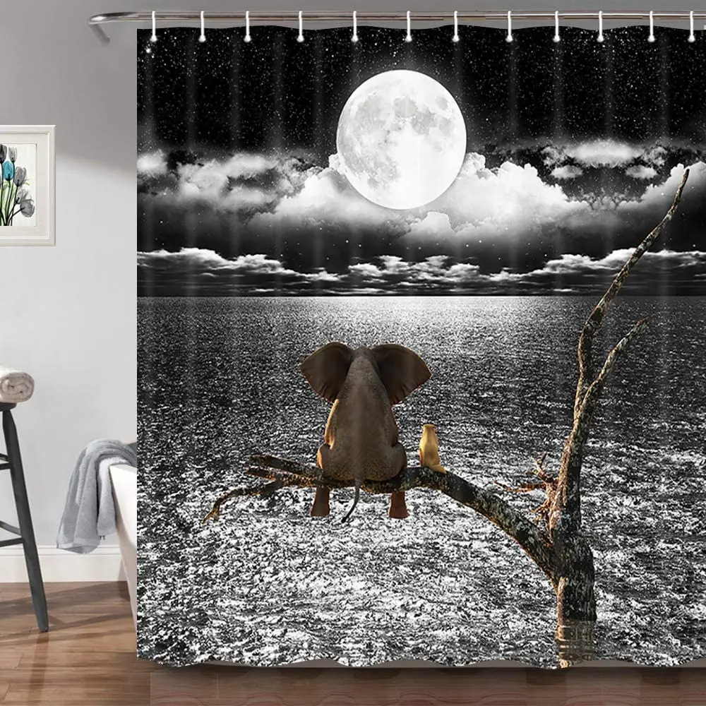 Cute Elephant Sitting On A Tree Branch Watching The Moon Ocean Scene, Waterproof Fabric Shower Curtain Bathroom Decoration