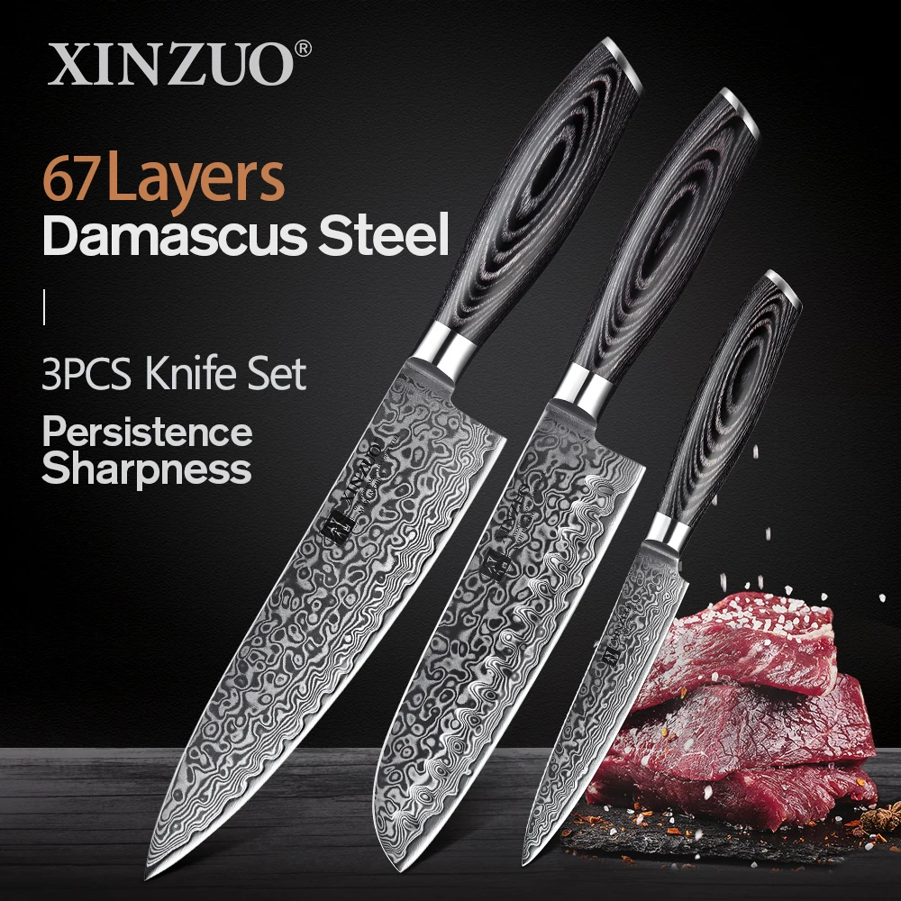 XINZUO 3 PCS Kitchen Knives Sets 67 Layers Japan VG10 Damascus Stainless Steel 8 Inch Chef 5\