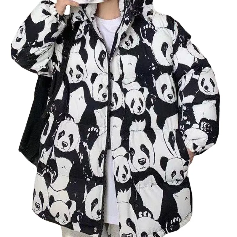 High Quality Winter Casual Women Coat Harajuku Print Cartoon Cute Panda Family Sweet White Zipper New Cotton Clothes Female