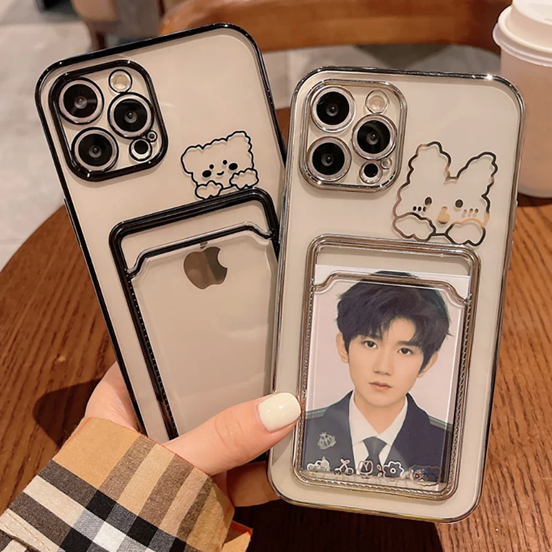 Photo Card Pocket Bag Wallet Case For iPhone 13 11 12 14 15 Pro Max XS XR X 8 7 Plus Plating Cute Bear Rabbit Soft Phone Cover