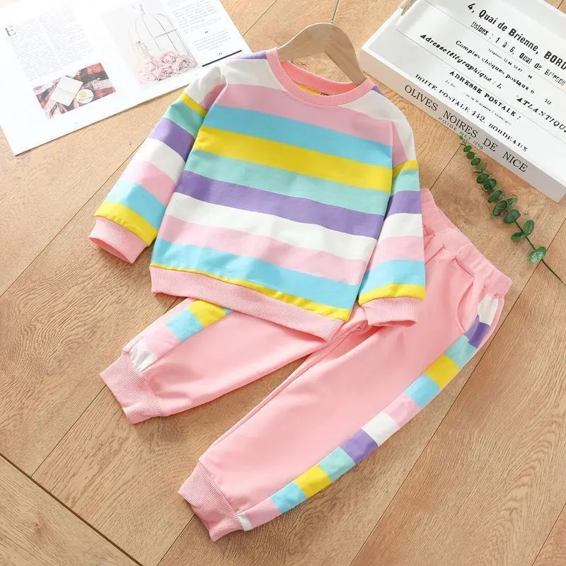 Children Clothing Spring Autumn Toddler Girl Clothes Rainbow Sweater Pants 2PCS Outfit Kids Sport Suit For Girls Clothing Sets