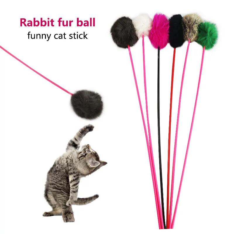 Natural Rabbit Fur for Cat Toys Lightweight Bell Ring Teaser Cat Stick Interactive Eco-Friendly Fur Ball Head Kitten Accessories