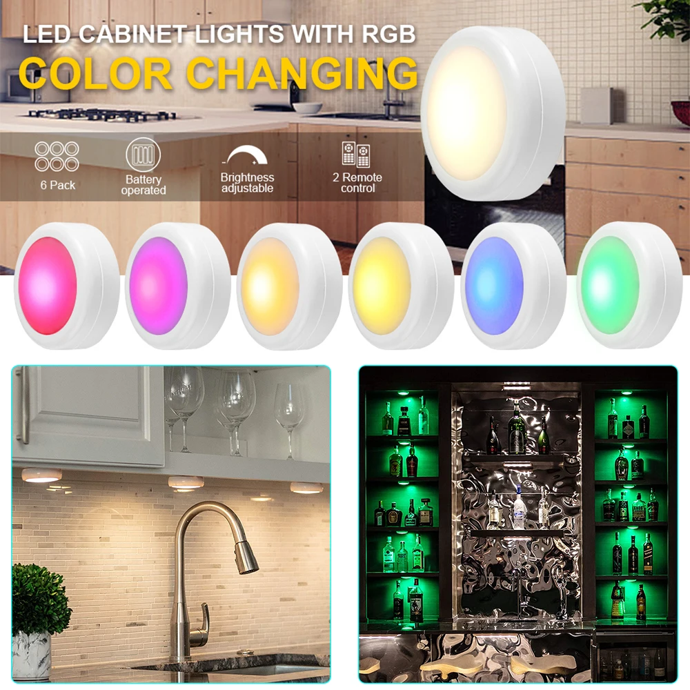 LED Cabinet Light Wireless RGBW Color Puck Lights Remote Control Dimmable Lamp For Cupboard Wardrobe Battery Bedroom Night Light