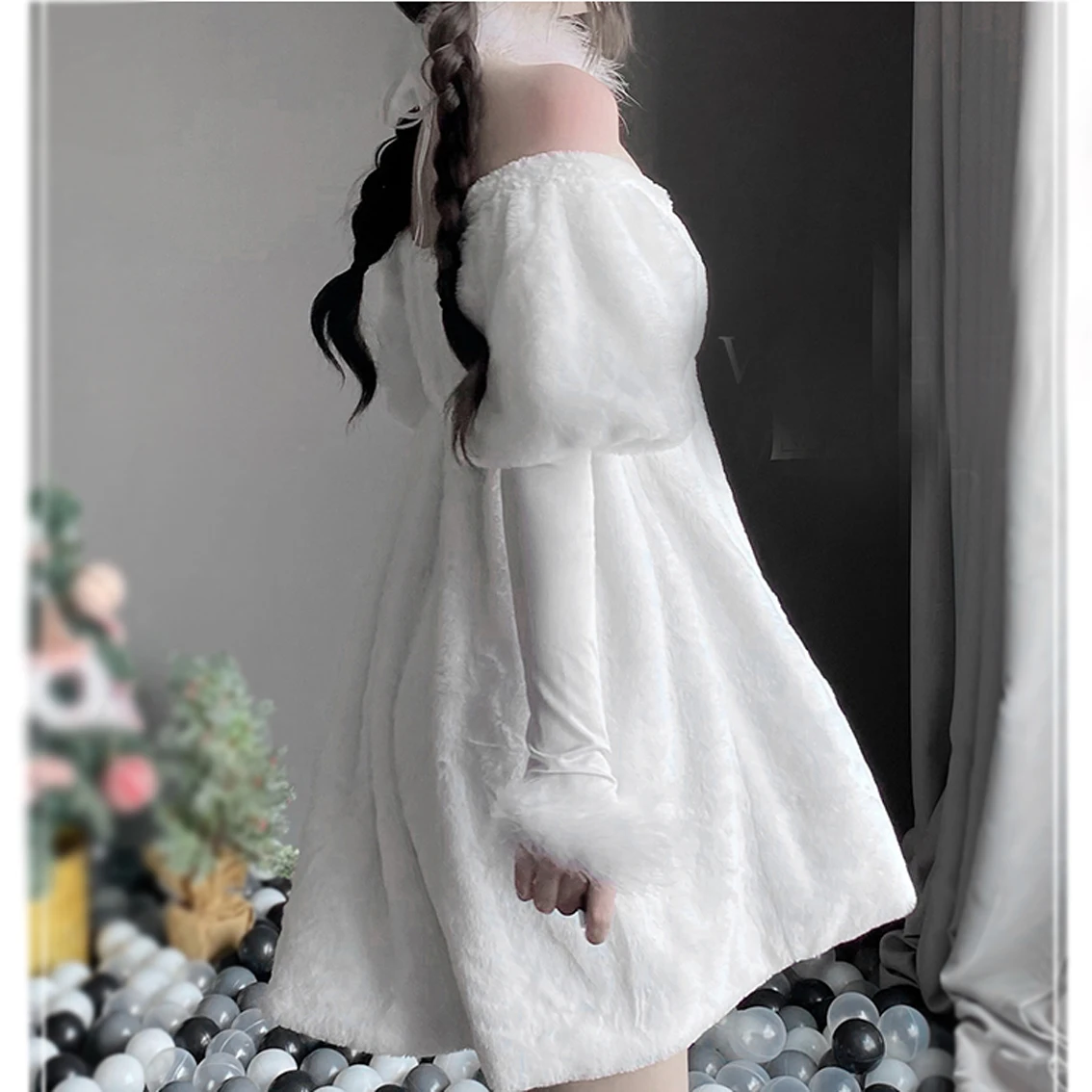 2022 Women Christmas Xmas Lady Santa Claus Halloween Cosplay Exotic Costume Off-Shoulder White Winter Long Sleeve Dress