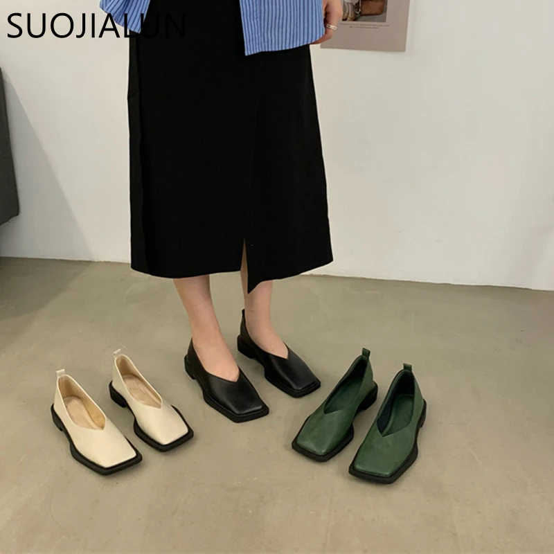 SUOJIALUN 2022 Spring New Flat Shoes Square Toe Square Toe Shallow Mouth Slip on Loafers Ladies Casual Shoes Zapatos Mujer