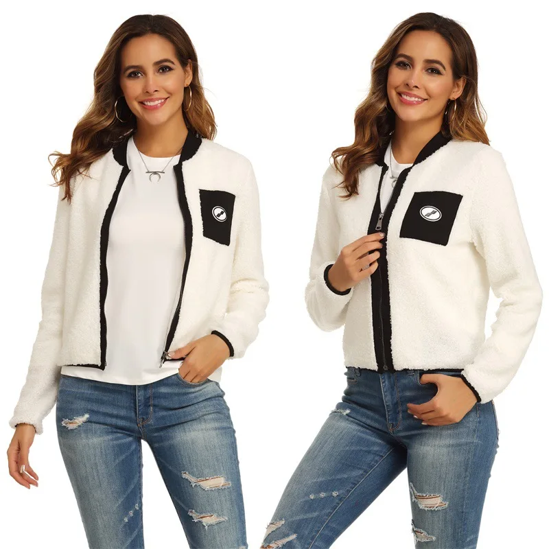 

Women's White Baseball Jacket, Slim Short Coat, Plush, Monochromatic, Female Fashion, New, Autumn and Winter W885