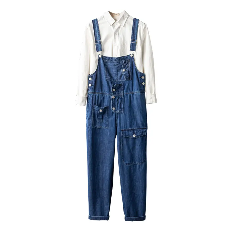 

Retro Loose Jeans Men Overalls Bib Denim Jumpsuits Straight Workwear Big Pocket Wide Leg Cargo Pants Blue Trousers Size M - 4XL