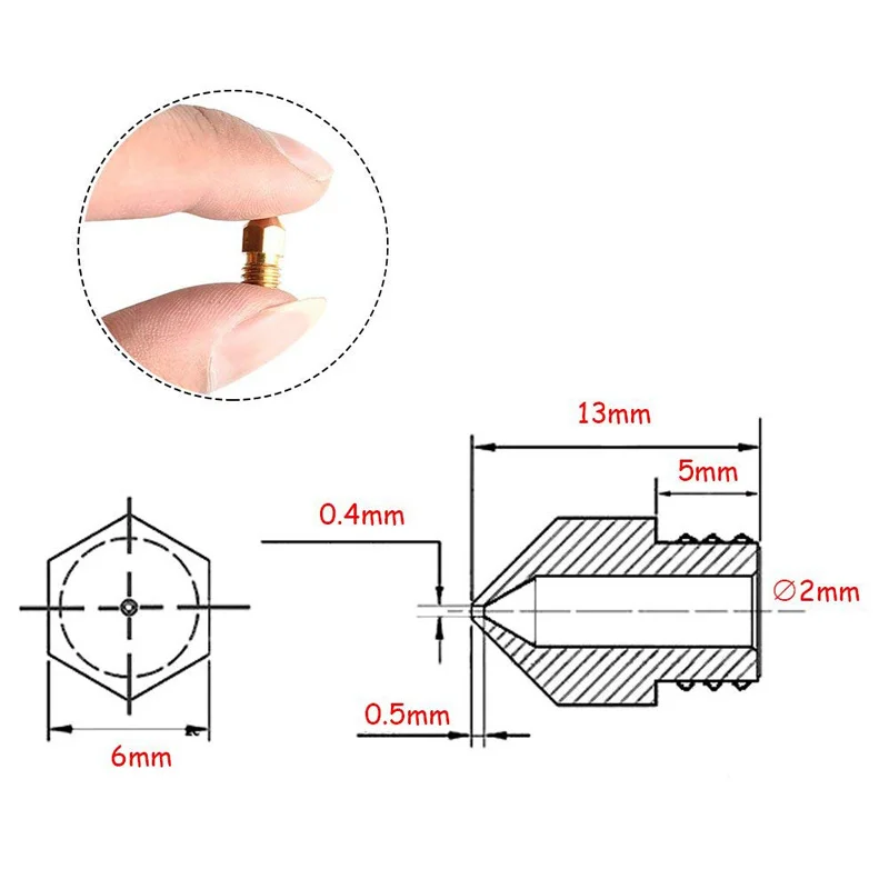 5 stücke MK8 Düse 0,4mm 0,3mm 0,2mm 0,5mm Kupfer 3D Drucker Teile Extruder Gewinde 1,75mm 3,0mm Filament Kopf Messing Düsen Teil