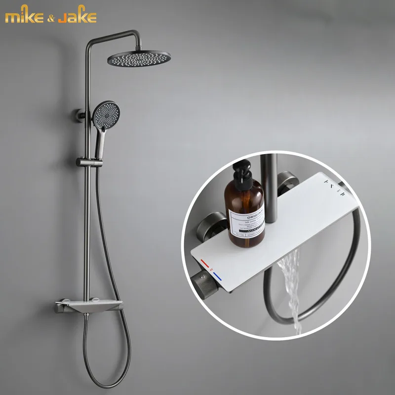 

Gunmetal gray shower set thermostatic rainfall shower faucet bathroom wall gold shower mixer hot and cold shower constant tap