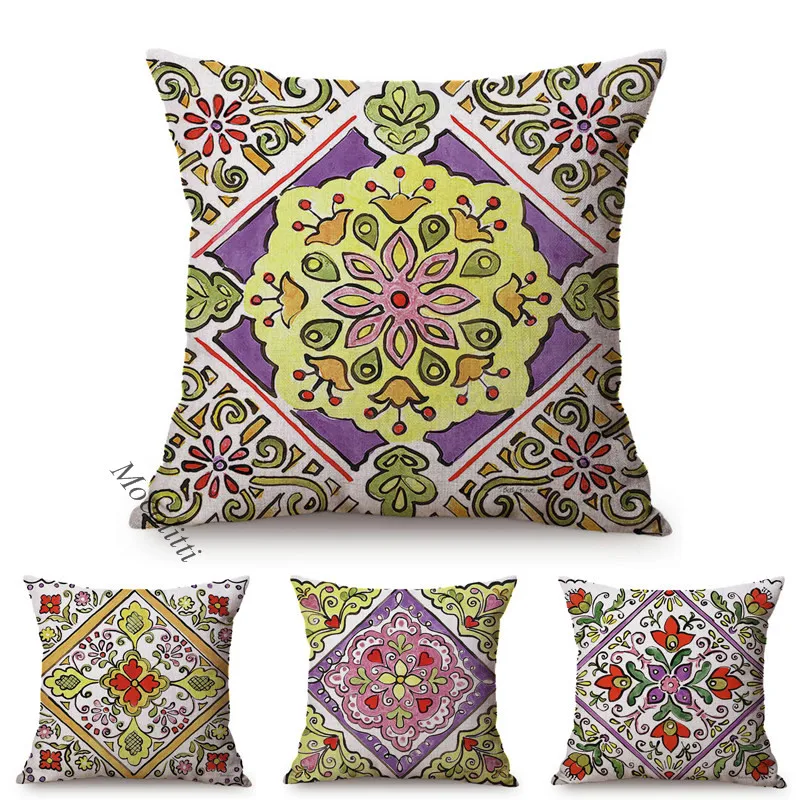 Mandala Flower Pillow Cover Colorful Gypsy Home Decoration Square Cushion Cover Boho Bouquet Cotton Linen Sofa Throw Pillowcases