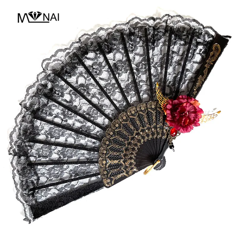 Gothic Zwarte Retro Kant Ventilator Vleugels Bloem Hanger Lolita Fotografische Prop Vouwen Fan Cosplay Party Fancy Dress