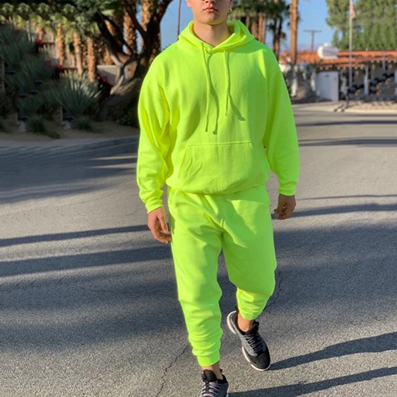 Neon Green Style Men\'s Fashion Tracksuit Solid 2 Pieces Long Sleeve Hoody+Loose Swearpants Casual Sportsuit Men 2024 Newest OMSJ