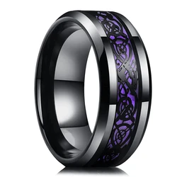 Fashion 8mm Men Stainless Steel Celtic Dragon Ring Inlay Purple Carbon Fiber Ring Men Wedding Band Jewelry Gift