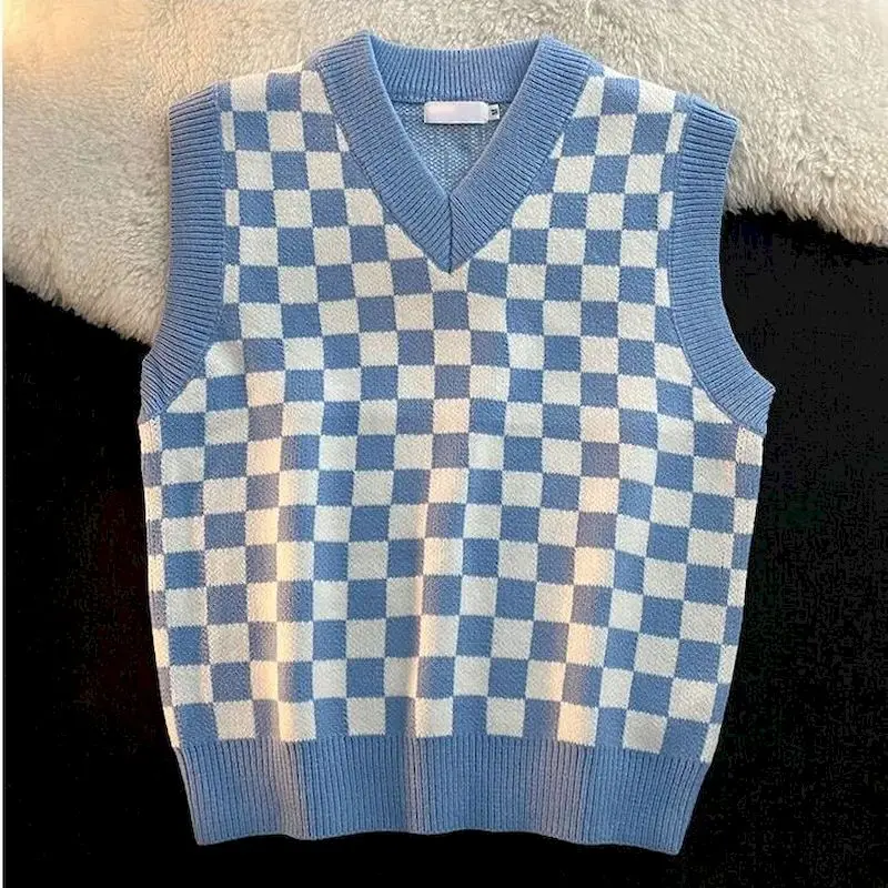 Autumn Vest V-neck Knit Sweater Vests Men Loose College Style Plaid Couple Sleeveless Sweaters Retro Checkerboard Knited Vest