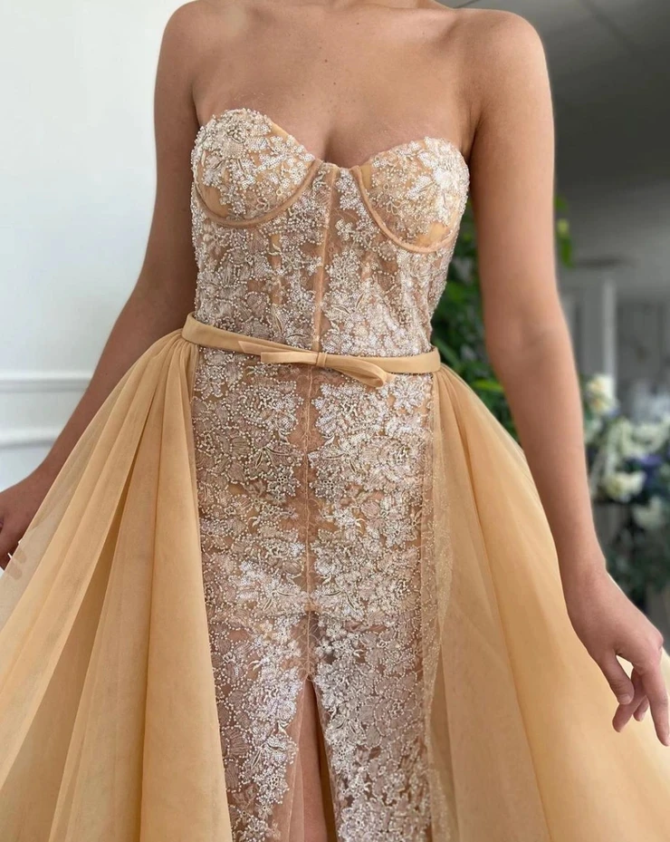 

Champagne Moroccan Muslim Evening Dresses A-line Sweetheart Tulle Appliques Lace Long Turkey Dubai Saudi Arabia Prom Dress Gown