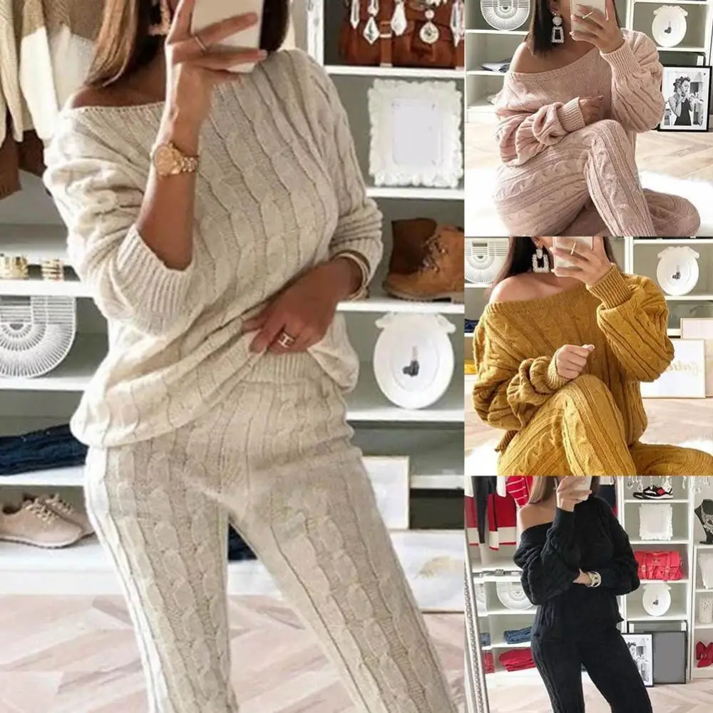 Women\'s Autumn And Winter Warm Solid Color 2 Piece Set One Shoulder Sweater Knitted Trousers Sweater Top Trousers Suit Clothing