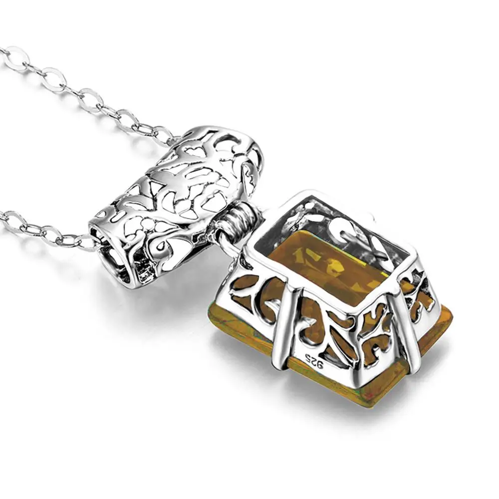 Sterling Silver Pendant For Women Original Vintage Yellow Crystal Pendant Flower Rectangle Gemstone Handmade Silver 925 Jewelry