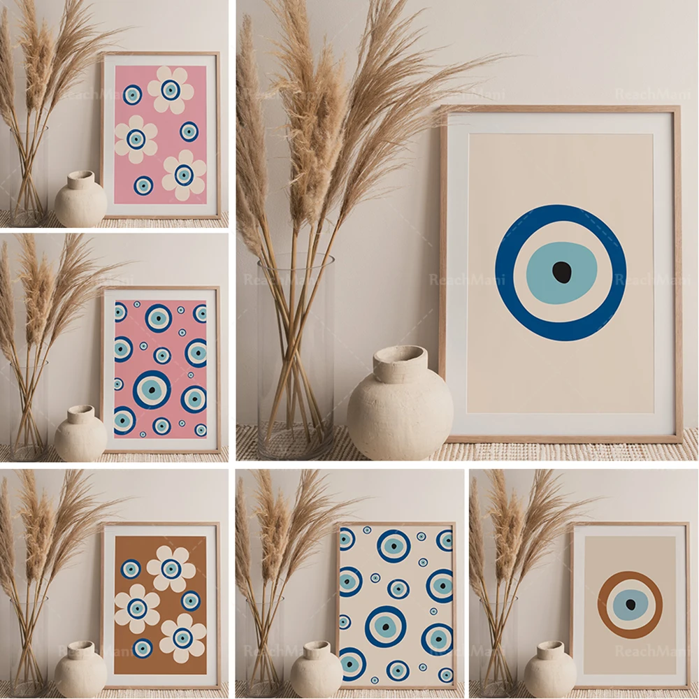 Traditional Evil Eye Flowers Pink Printable Wall Decor Mid-Century Modern Art Digital Print Boho Decor Minimalist Print