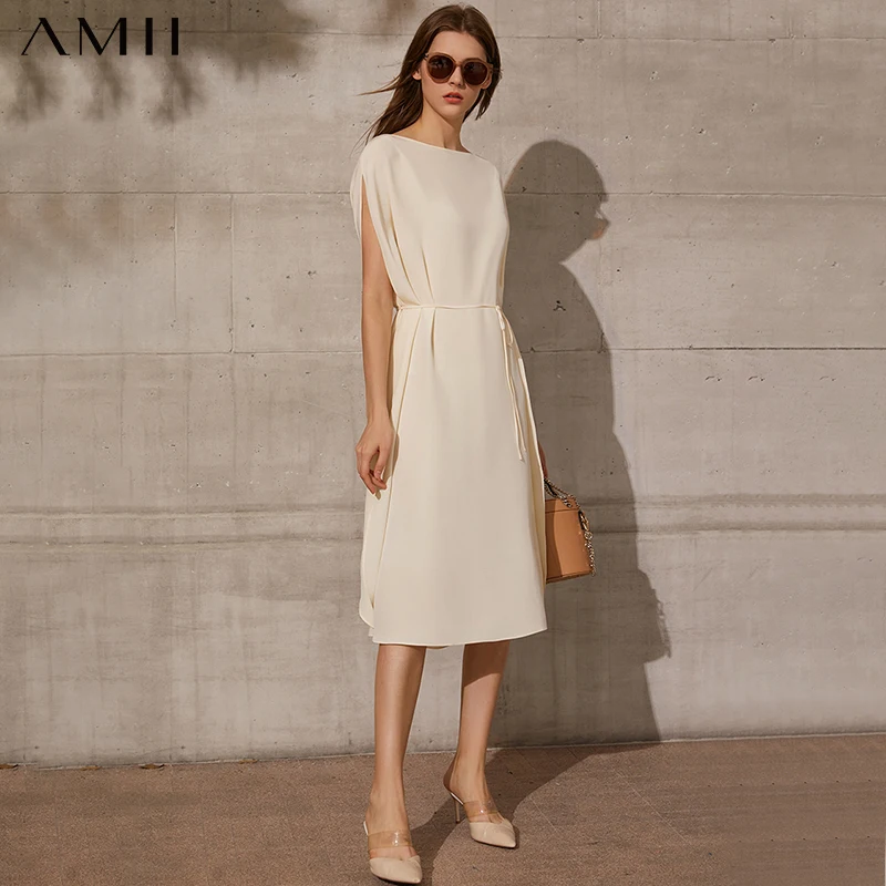 

Amii Minimalism Spring Summer Luxury Women's Dress Causal Solid Aline Sleeveless 100%Mulberry Silk Dress For Women 12140010