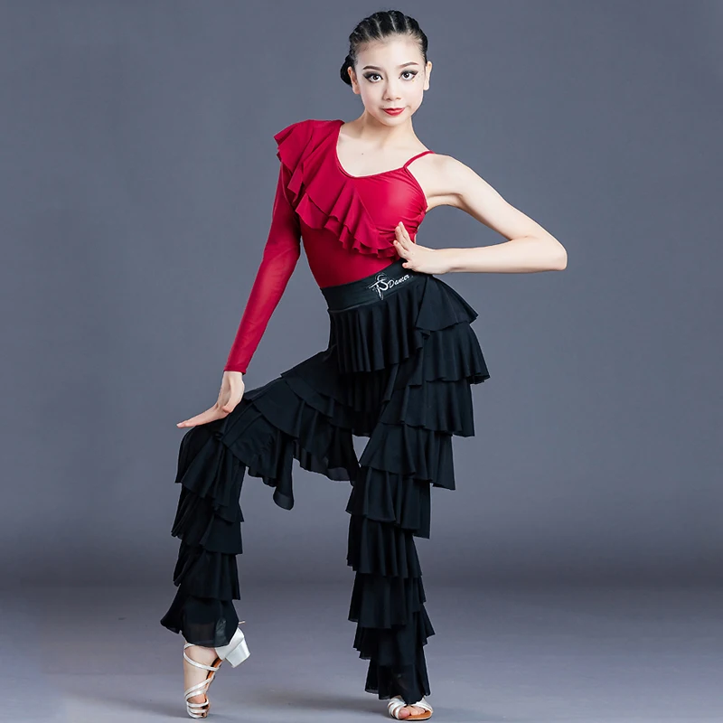 New Kids Stage Dance Clothes Ruffled Single Sleeve Top Flared Pants Girls Latin Dance Dress Ballroom Latin Dance Costume SL572