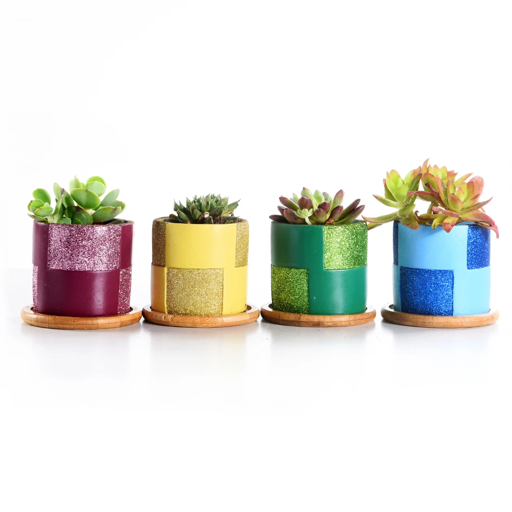 Glitter Surface Succulent Planters Cement Pots with Bamboo Tray Grey, for Home,Office Decor Perfect Vases 3.14Inch 4 In set