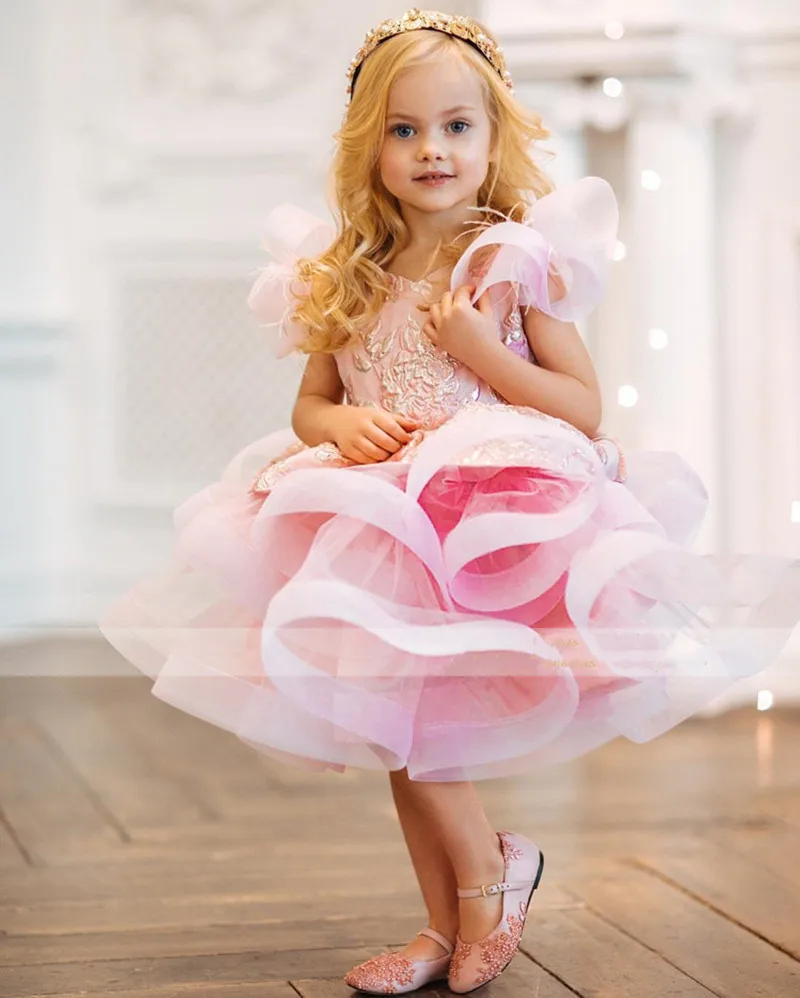 

Puffy Layers Pink Flower Girl Dresses Organza Kids Princess Dress Kids First Communion Dresses Birthday Gown New