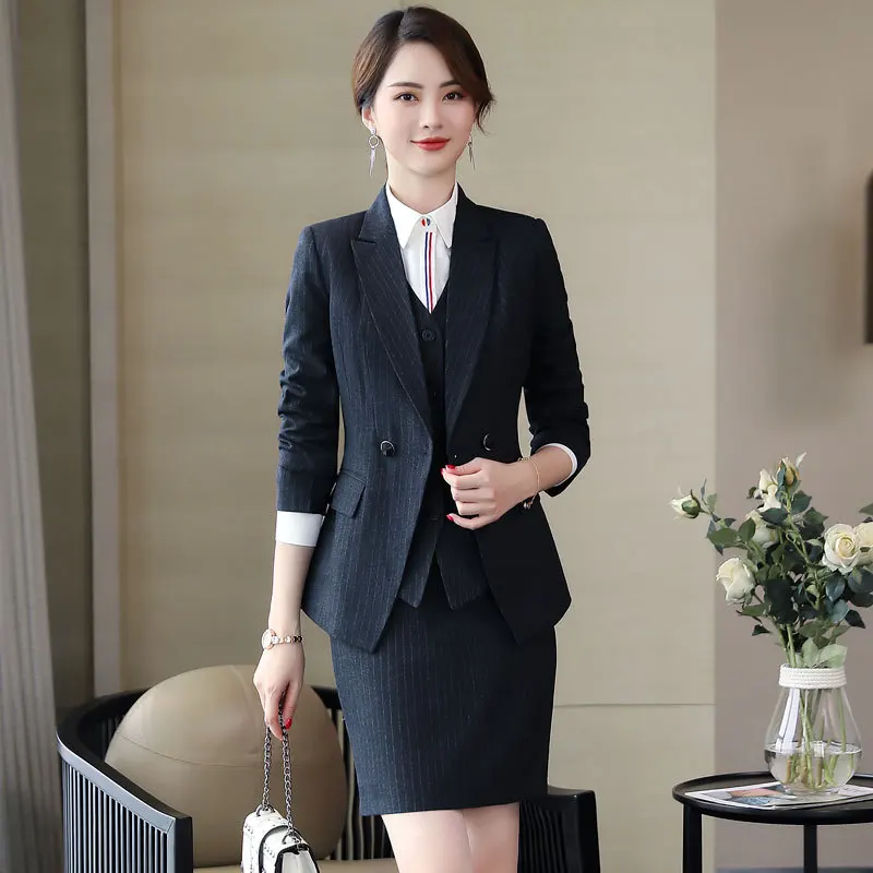 IZICFLY Pakaian Wanita Elegan Bergaris Biru Musim Semi Musim Gugur Rok Set Formal dan Seragam Blazer Pakaian Kerja Kantor Wanita Bisnis