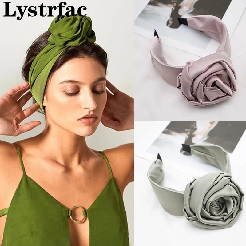 Lystrfac Fashion Solid Color Big Knot Satin Turban szeroka opaska na głowę dla kobiet Ladies bandany kobieta Hairband akcesoria do włosów