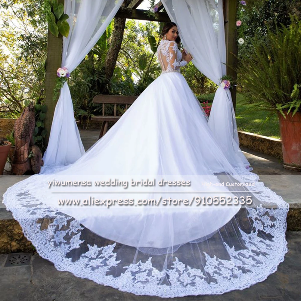 Vintage Telanjang Tulle Lengan Panjang Renda Line Pernikahan Gaun Boho O Leher Appliques Kristal Beaded Bridal Gaun Vestidos De novia