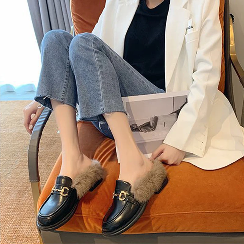 

Women's Leather Buckle Flat Shoes, Women's Plush Square Toe Shoes Leather Non-Slip Thick-Soled Casual Shoes Autumn and Winter