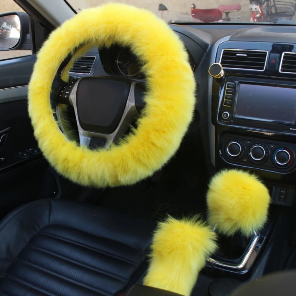 3pcs/Set Car Steering Wheel Cover Yellow Handbrake Gear Shifter Cover Plush Warm Fluffy Fuzzy Winter Car Accessories for Women