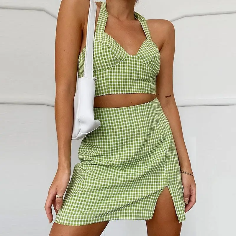 Summer women's suit fashion pastoral style high waist plaid skirt sexy short summer hanging neck camisole suit