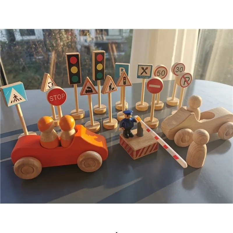 

Kids Wood Toy Cars Traffic Signs Light Wooden Road Guide Unpaint Cars with Pegdolls Early Learning