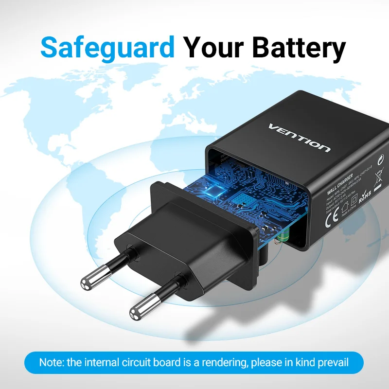 Chính Hãng Vention 5V 2.4A USB Sạc EU Cắm Nhanh Sạc Tường Cho Samsung S10 S9 Xiaomi iPhone Xs 11 8 7 Max Huawei Sạc Điện Thoại Di Động