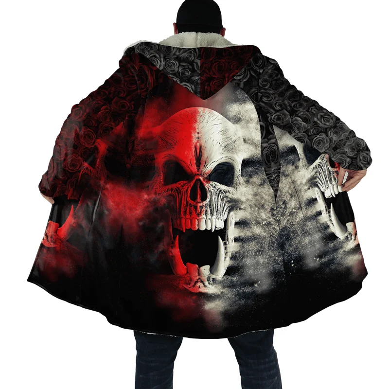 

2021 Winter Fashion Mens Hooded Cloak Fire Reaper Skull 3D Print Fleece Coat Unisex Thick Warm Cloak NF22