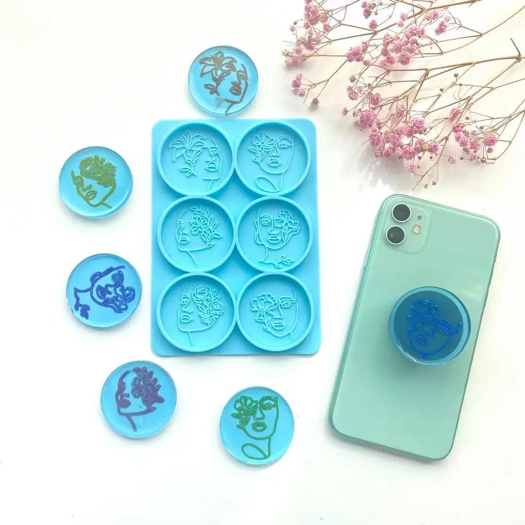 DIY Crystal Mirror Silicone Mold Beauty Woman Head Mobile Phone Stand Round Bracket Sticker Epoxy Molds Keychain Casting Mould