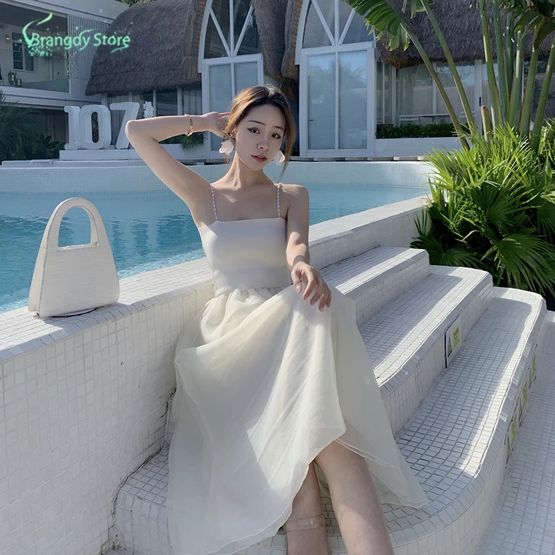 

Summer 2021 Women's Clothing Tulle Tube White Elegant Slip Dress Cottagecore Aesthetic Korean Fashion Kawaii Sukienka