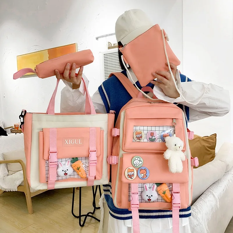 Bolsa de Livro da Escola Kawaii para Estudante do Ensino Médio, Mochila Feminina Pequena Fresca Japonesa Macia, Harajuku, Conjunto de 4 Peças