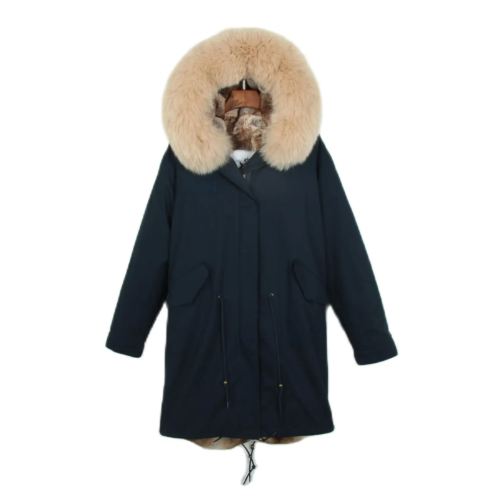 Unisex Winter Clothing Hooded Long Navy Parka Winter Women Fur Jacket With Natural Faux Rex Rabbit Fur Lining