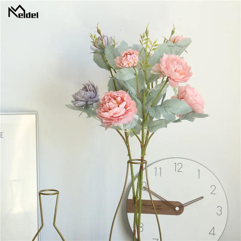 Meldel Rose Artificial Silk Flowers Branch 3 heads Fake Flower Rose Wall Room Decoration Wedding Home DIY Accessories Faux Flore