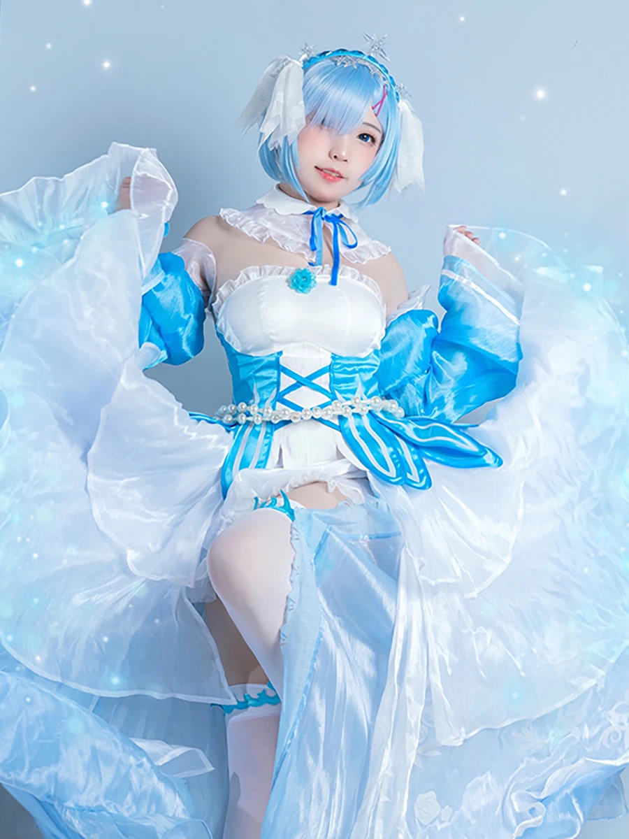 Anime!Re:Life In A Different World From Zero Rem Ice Crystal Dress Gorgeous Elegant Uniform Cosplay Costume Halloween Party Suit