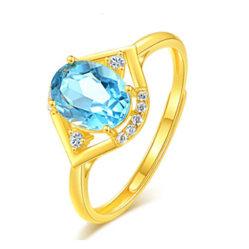 

Fashion Rings 925 Silver Jewelry with Created Blue Zircon Gemstone Gold Color Open Finger Ring for Women Wedding Party Ornaments