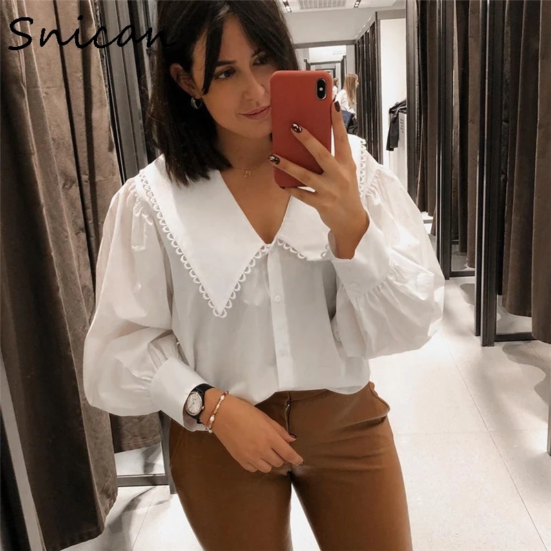 Snican-Blusa básica blanca para mujer, Camisa de algodón de manga larga con cuello peter pan, uniforme de oficina, Tops cortos Chic para otoño y