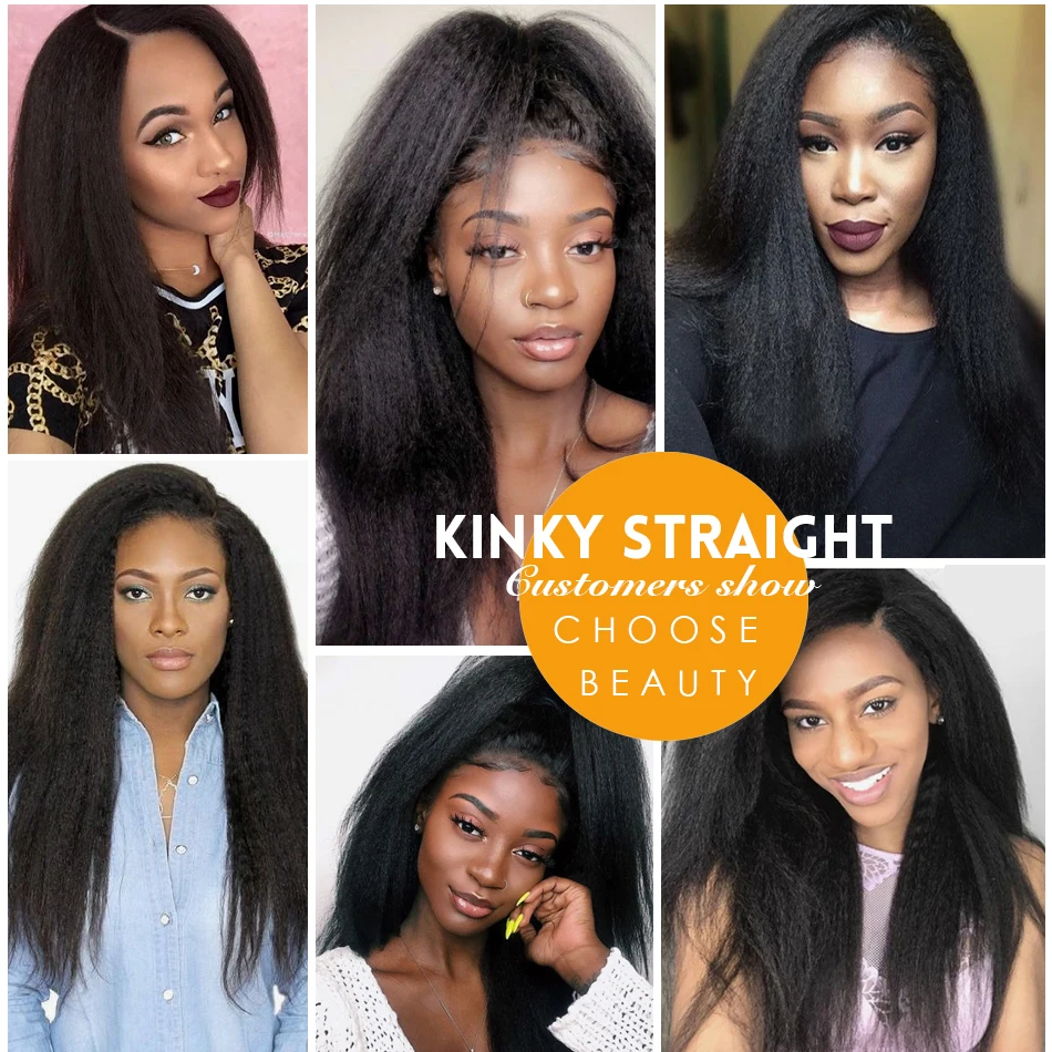 4 × 4 fechamento do laço peruca kinky reta peruca dianteira do laço pré arrancado natural linha fina cabelo brasileiro para a mulher preta