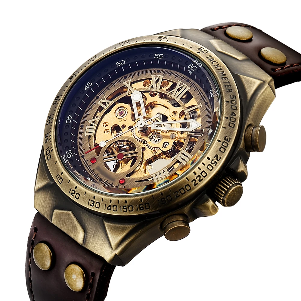 Reloj de pulsera de cuero para hombre, cronógrafo mecánico automático, de lujo, Retro, esqueleto, números romanos, analógico, sin batería