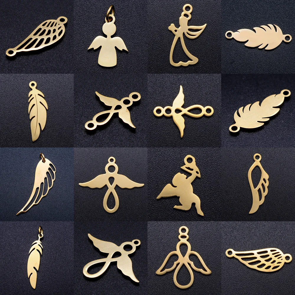 5pcs/lot diy angel wing stainless steel charm pendant wholesale cupid leaf bohemia jewelry bracelet connector charms