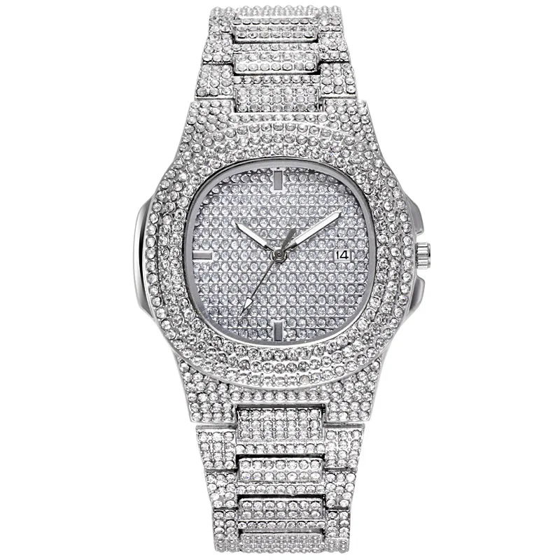 2021 New Luxury Men\'s Watch Stainless Steel European And American Style Temperament Full Diamond Calendar Quartz Watch