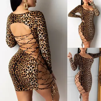 Image Women Sexy Long Sleeve Leopard Print Low Cut Hollow Out Lace Up Bandage Skinny Backless Bodycon Evening Party Club Mini Dress